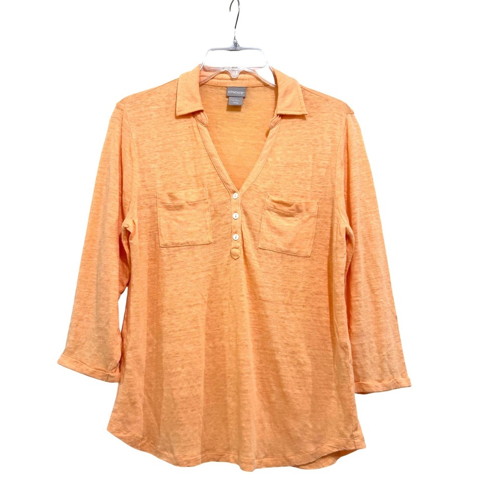 Chico's Women Size 1 Medium Orange 100% Linen 3/4 Sleeve Collared Henley Top
